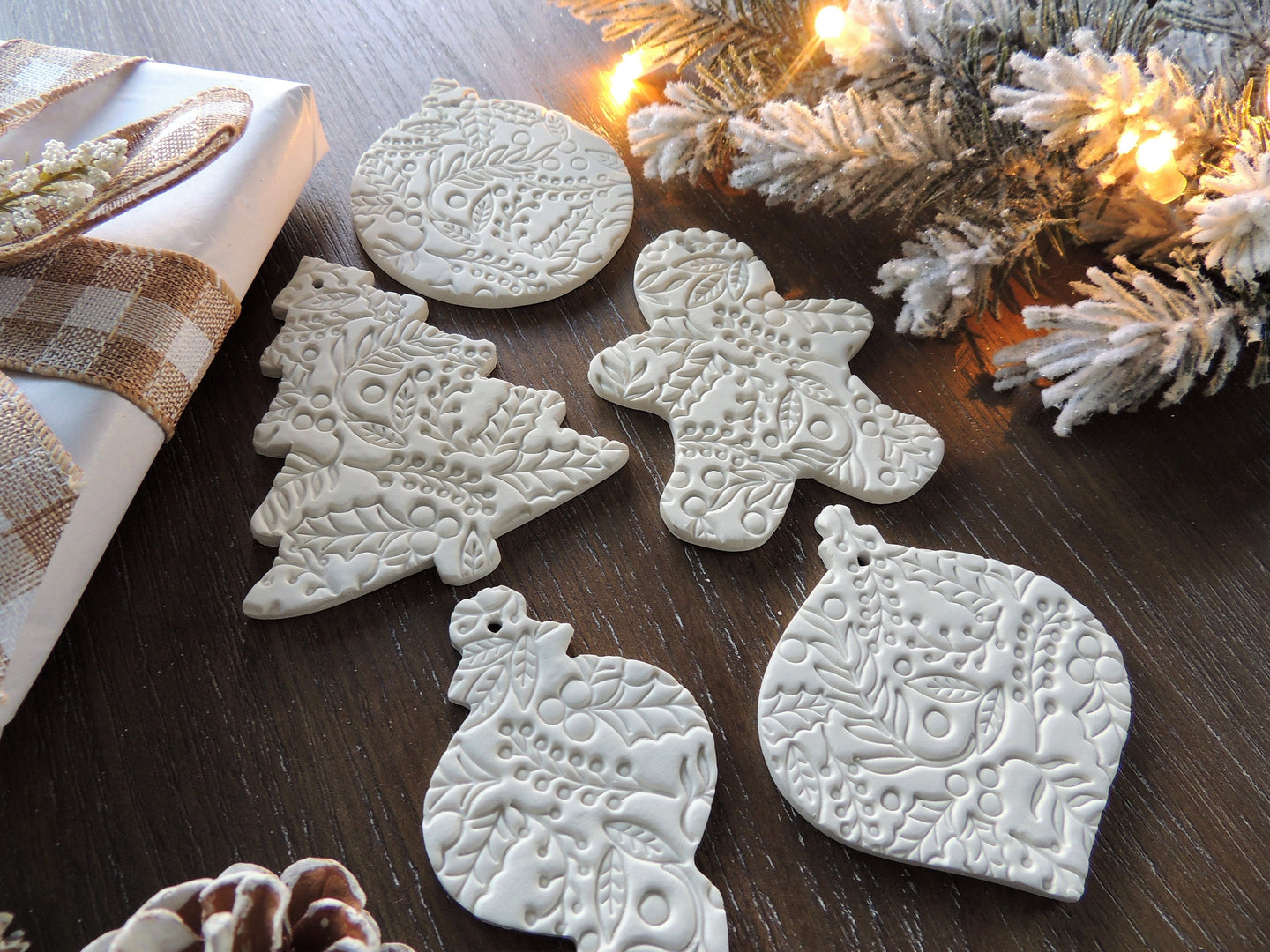 christmas tree ornaments in white clay